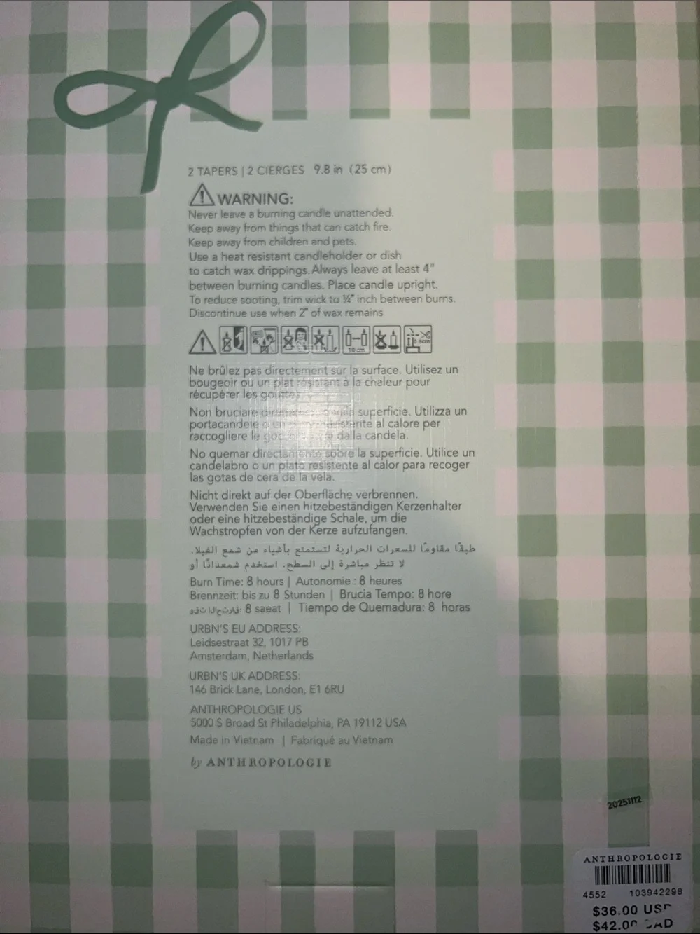 Anthropologie Green Gingham Bow Taper Candles - Set of 2
